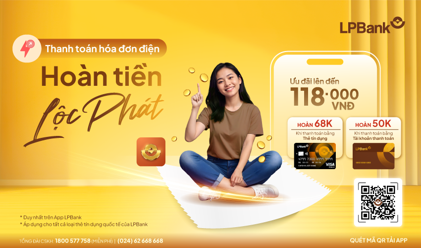 Thanh toán tiền điện hoàn tiền tới 118.000 VNĐ trên ứng dụng LPBank