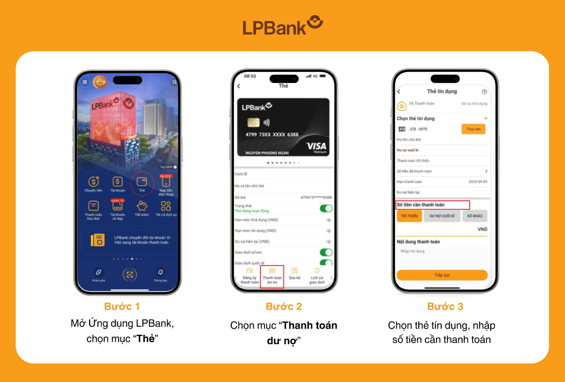 Bạn dễ dàng thanh toán dư nợ thẻ tín dụng thông qua Ứng dụng LPBank chỉ với 5 bước đơn giản