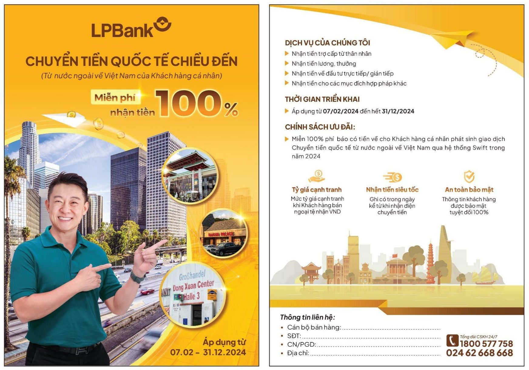 Dịch vụ nhận tiền kiều hối tại LPBank mang đến vô vàn ưu đãi cho khách hàng với biểu phí cạnh tranh, miễn phí lên tới 100% phí điện báo cho các khách hàng phát sinh giao dịch trong năm 2024