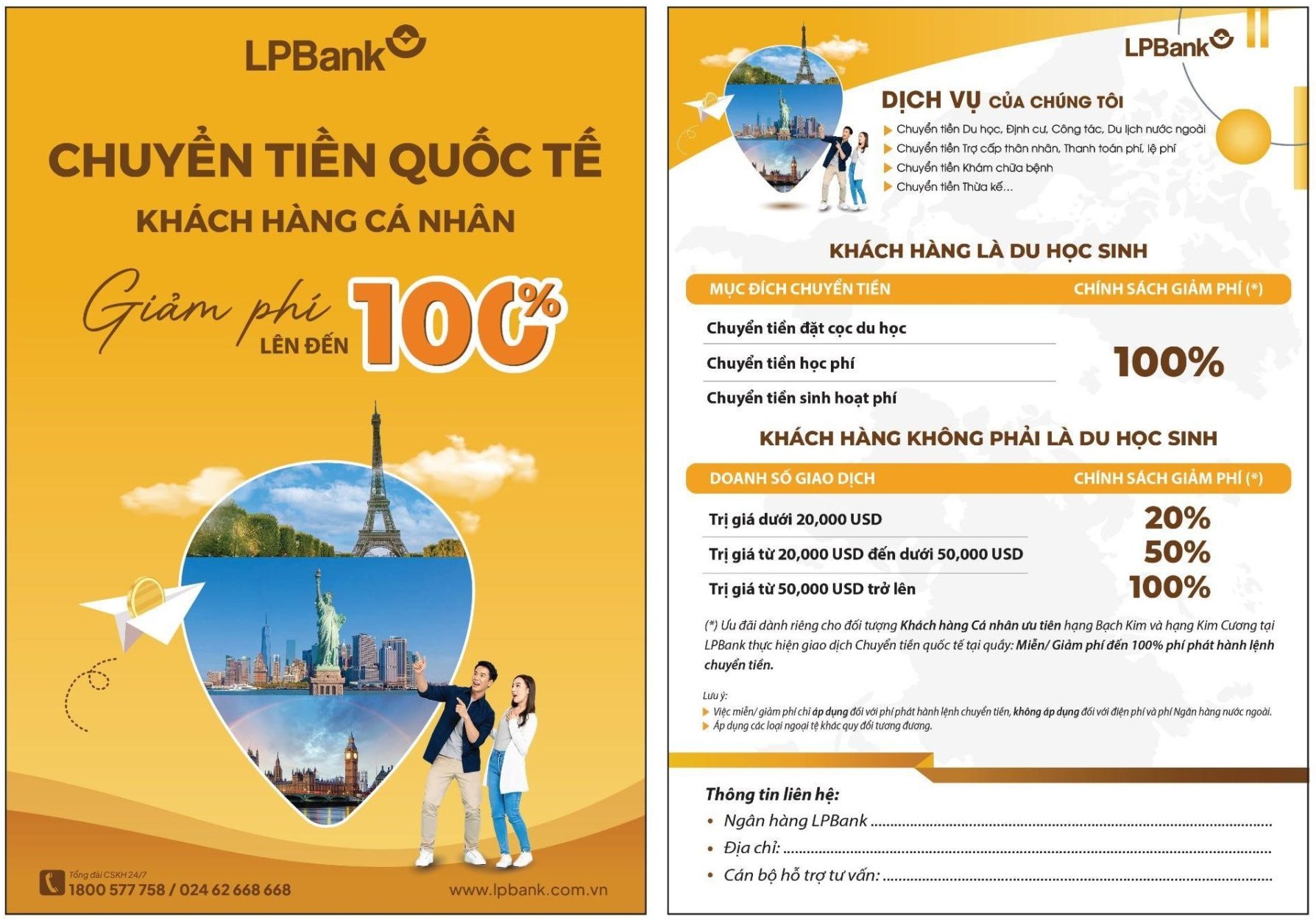 LPBank mang đến cho khách hàng đa dạng ưu đãi về phí chuyển tiền quốc tế, tùy theo mục đích, khách hàng có thể được miễn lên tới 100% khi phát sinh giao dịch trong năm 2024